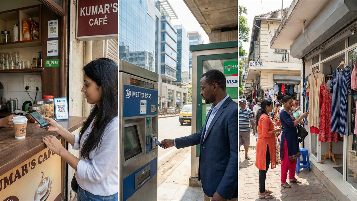 People in emerging markets use smartphones for digital payments at cafés, transit kiosks, and street shops, reflecting rising consumer spending.
