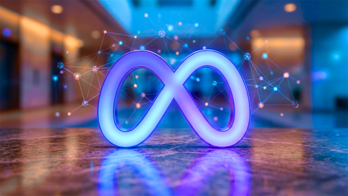 Meta Platforms infinity logo with digital network overlay, reflecting AI and social media advertising strategy.