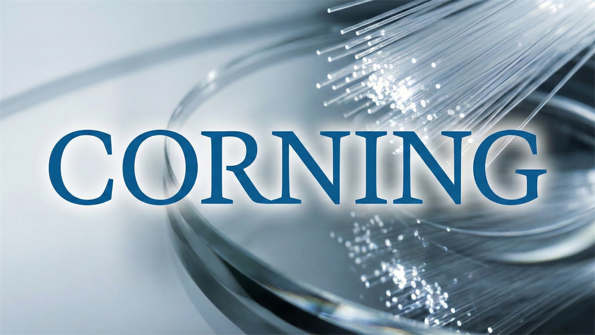 Corning logo over glowing fiber-optic strands, highlighting its AI data-center connectivity business.
