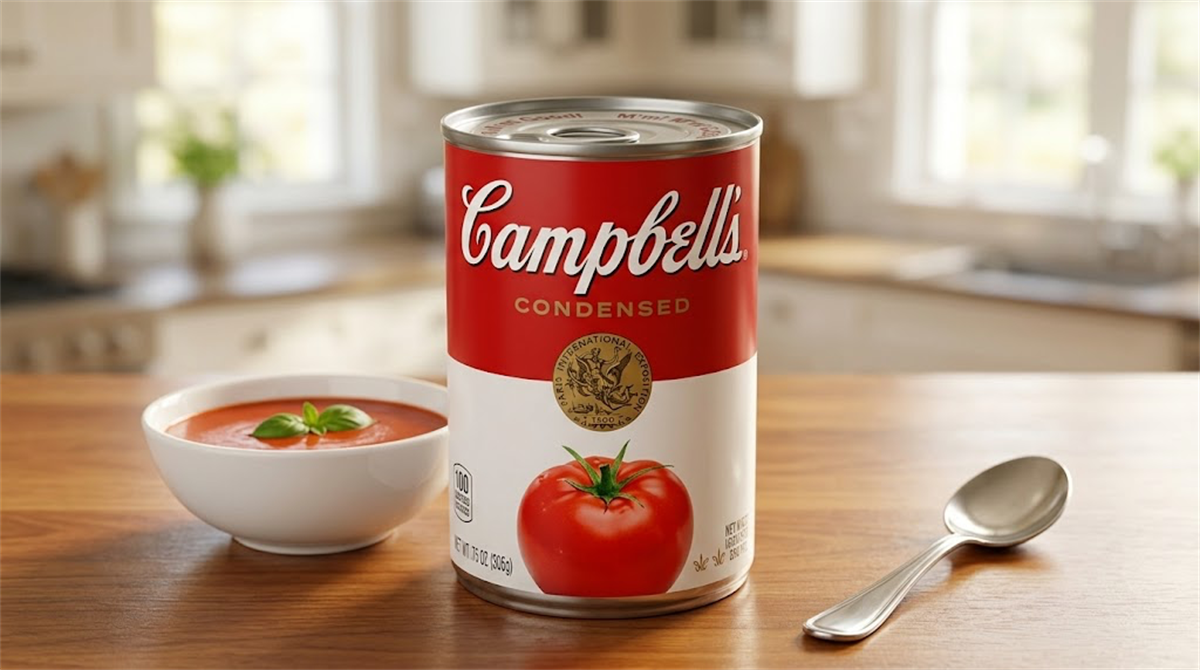 A can of Campbell's Condensed tomato soup beside a white bowl of soup on a wooden kitchen counter.