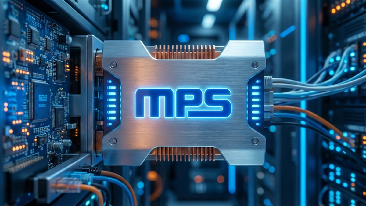 MPS logo on a server-side chip with cables, highlighting power management semiconductors demand in data centers.