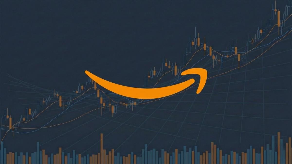 Amazon logo in front of a rising stock chart, symbolizing the upward trend of the stock over time. 