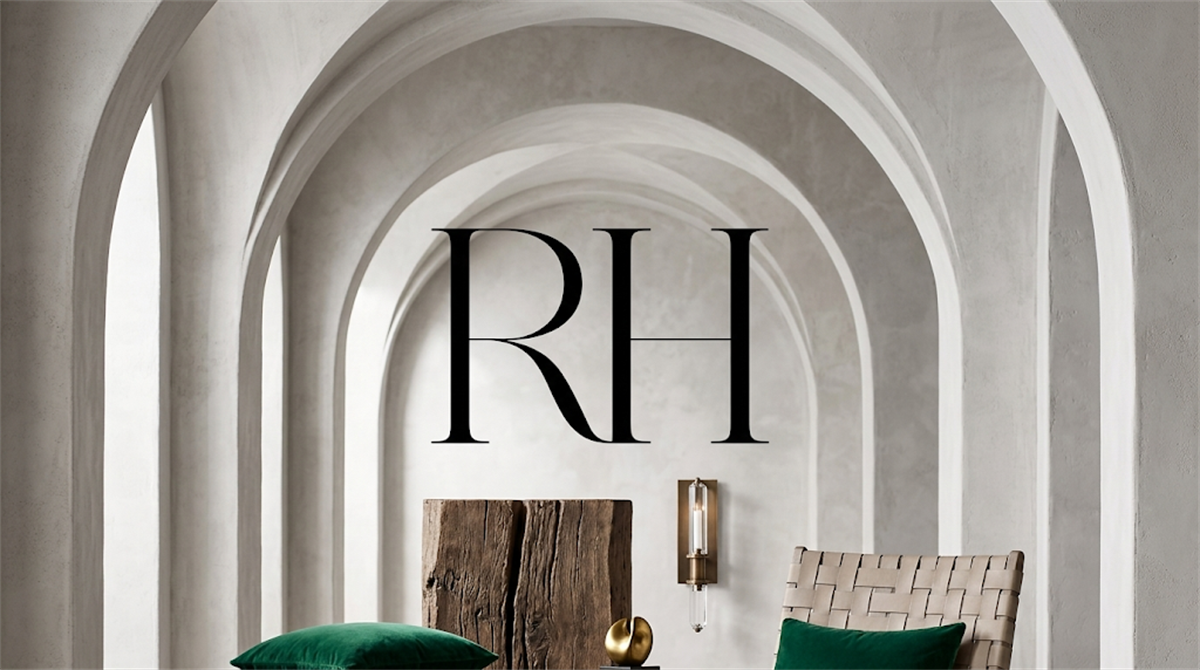 The black RH logo centered against a photorealistic luxury interior.