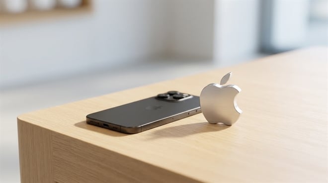 A dark iPhone and a silver, 3D Apple logo resting on a light wooden table.