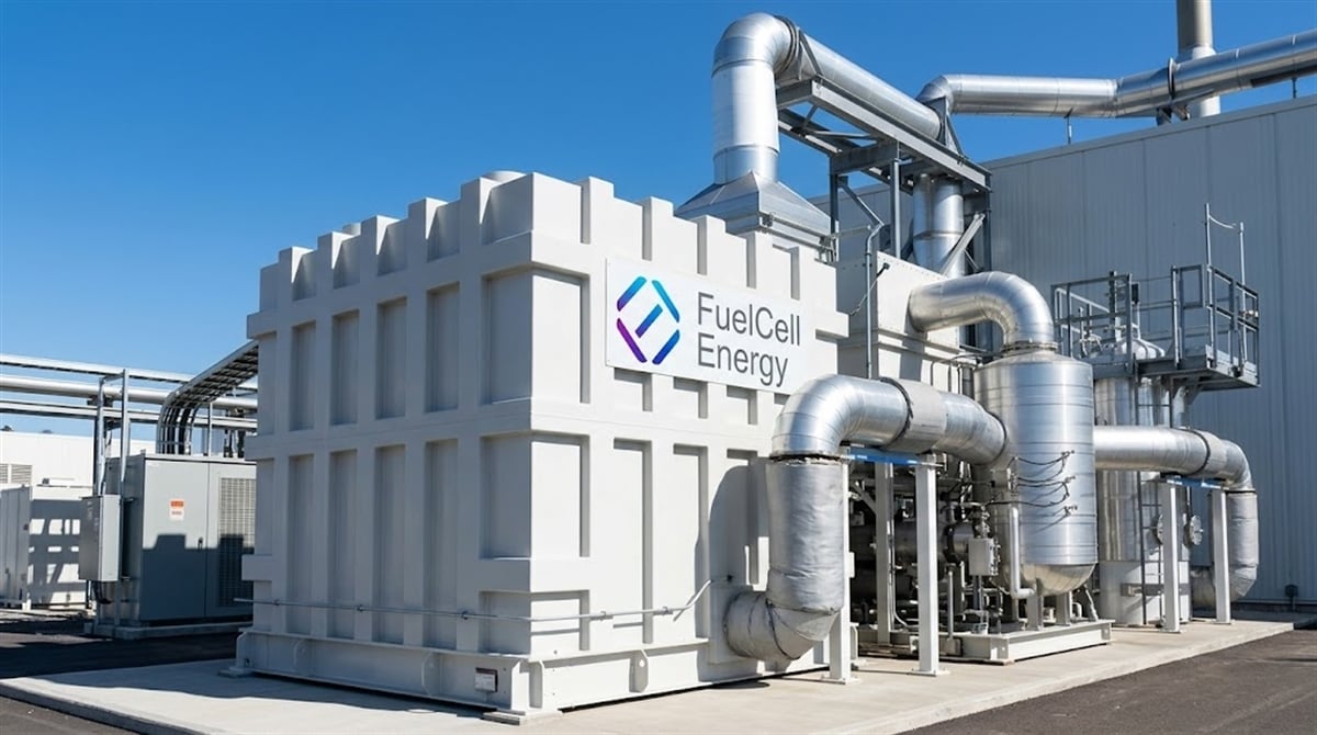 A FuelCell Energy power generation unit with connected piping and ventilation systems at an outdoor industrial facility.