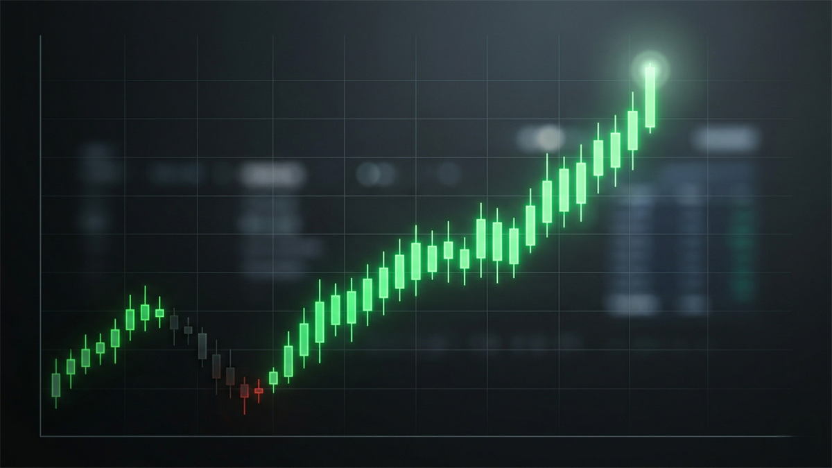 Glowing green candlestick stock chart trending sharply upward, symbolizing strong market upside and investor momentum.
