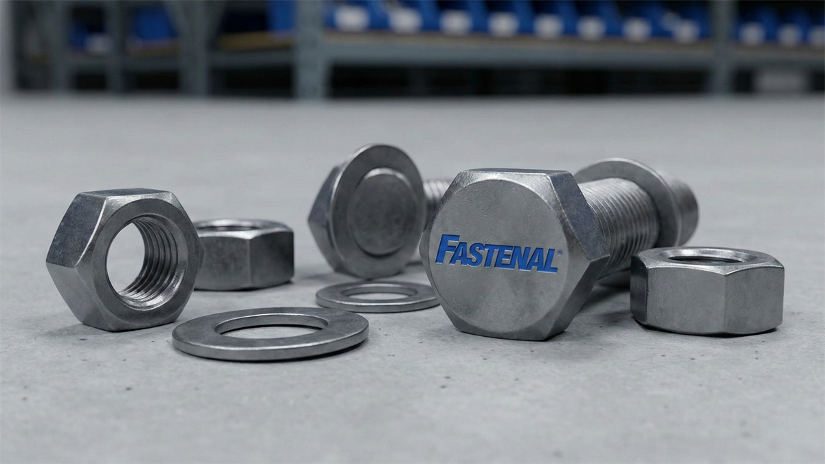 Close-up of Fastenal-branded bolt with nuts and washers on an industrial surface, symbolizing earnings results.