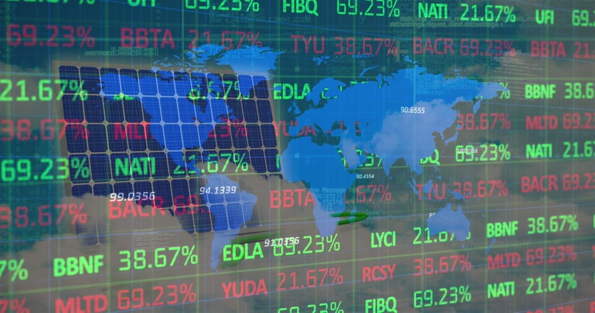 Image of financial data processing over world map and solar panel. global business, finances and digital interface concept digitally generated image. — Photo