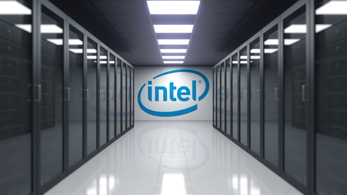 Intel logo in a sleek server corridor underscores market optimism as shares climb on Apple partnership rumors.