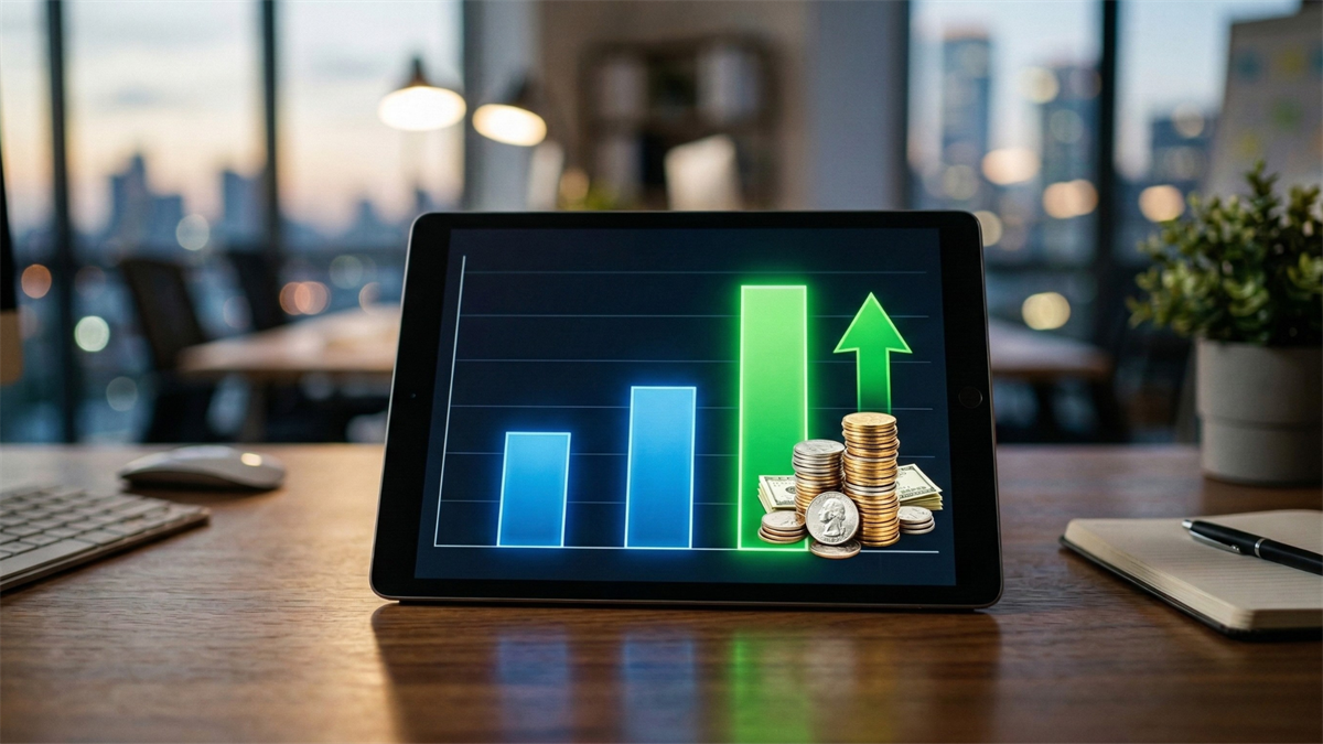 Tablet displaying rising bar chart with green upward arrow and stacked coins, symbolizing strong dividend growth and investor returns.
