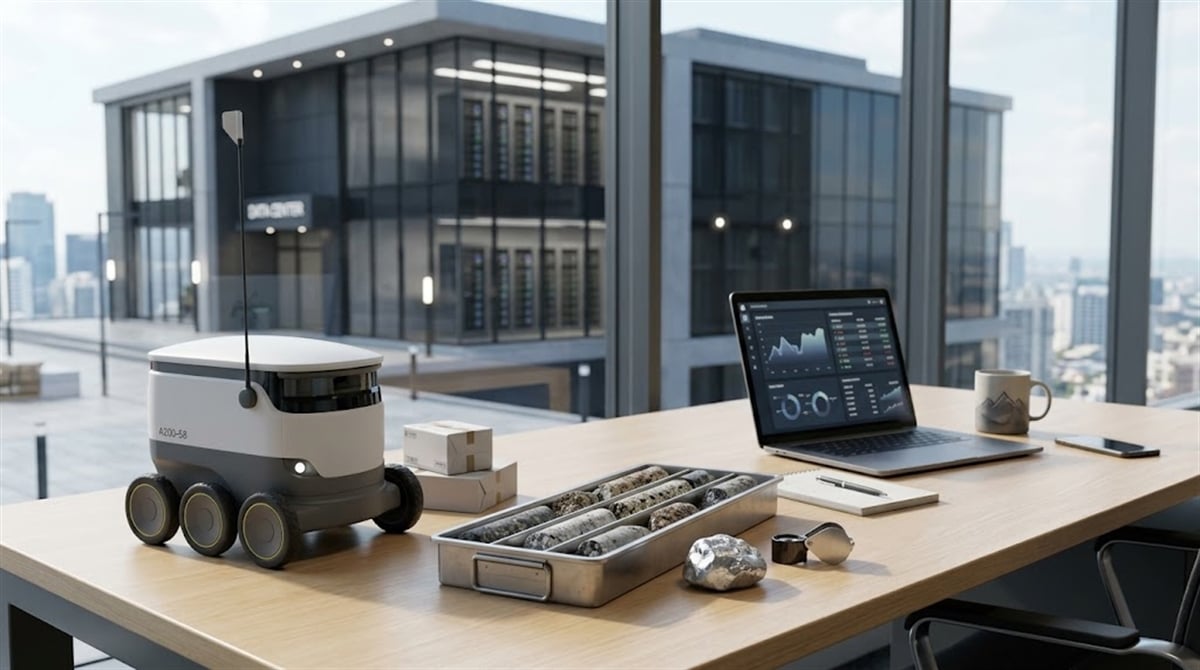 A small autonomous delivery robot sits on a desk beside mineral core samples and a laptop displaying financial charts.