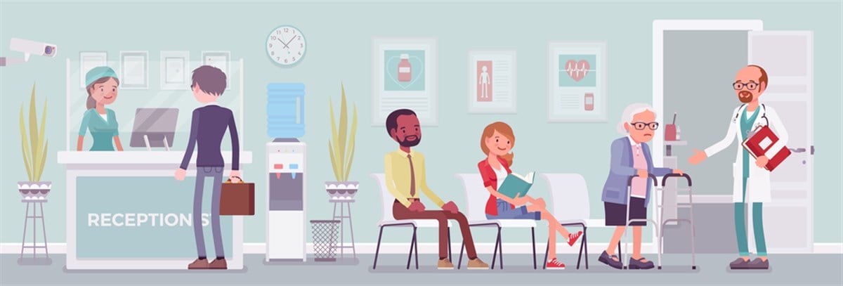 Cartoon rendering of a hospital reception work in hall to help, assist patient. Clinic or doctor office, physician receives and treats people, health facility to provide healthcare. Vector flat style cartoon illustration