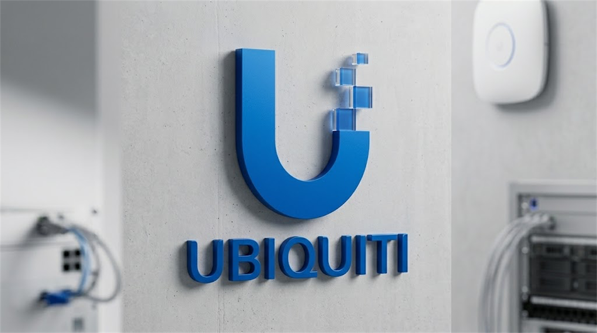 Ubiquiti logo mounted on a concrete wall inside a networking equipment room.