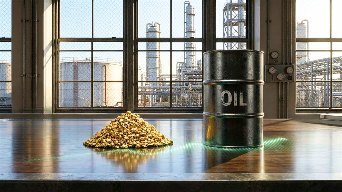 Oil barrel and gold nuggets on desk with refinery in background.
