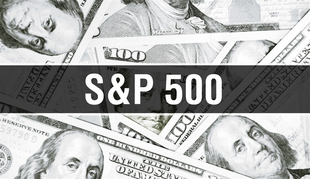 S&P 500 text Concept Closeup. American Dollars Cash Money,3D rendering. S&P 500 at Dollar Banknote.