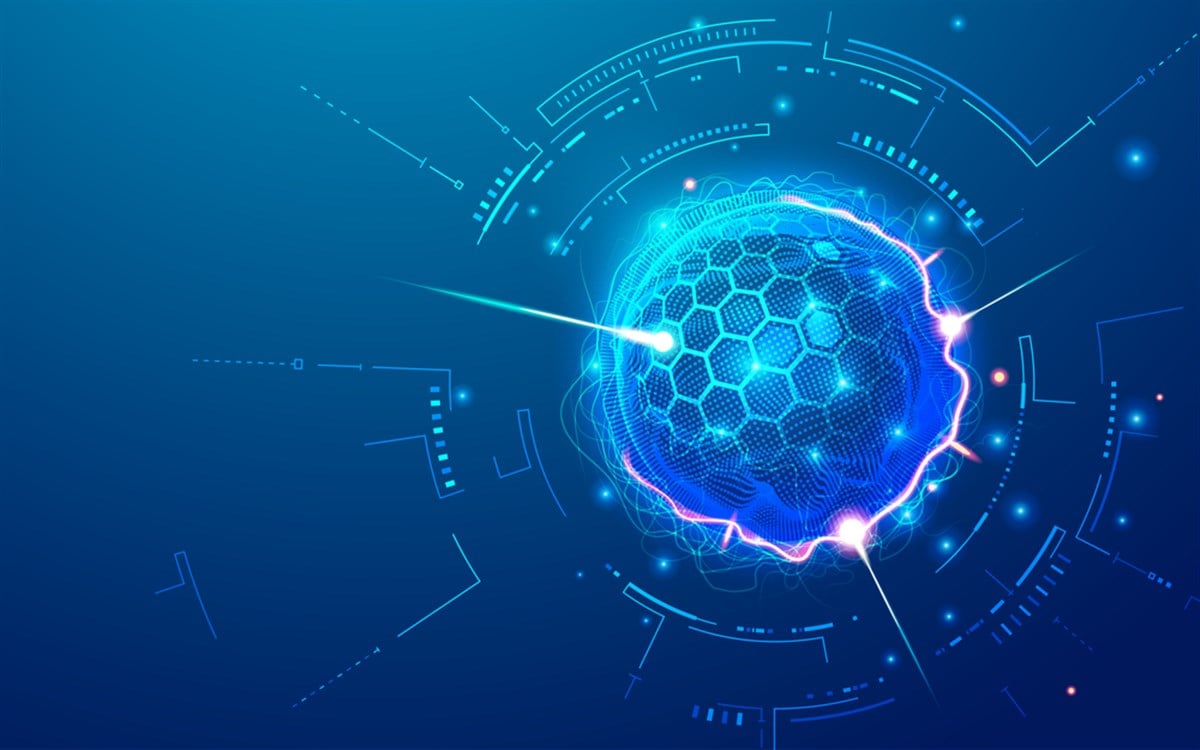 Graphic of futuristic sphere with tech element representing quantum computing.