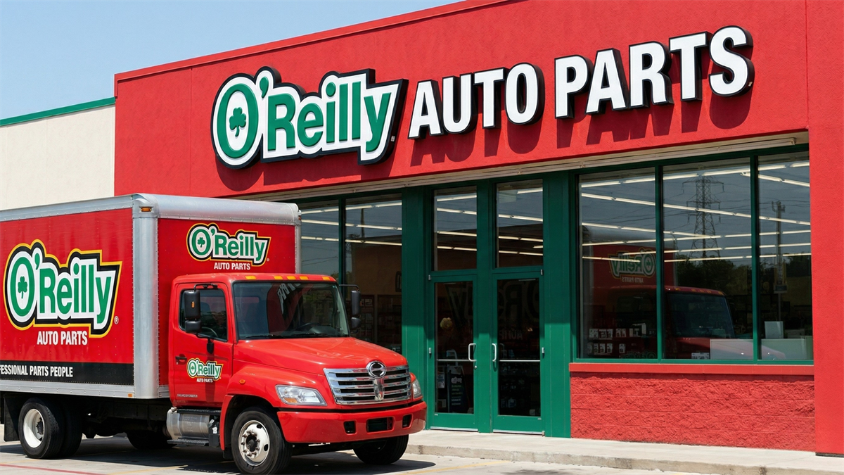 O’Reilly Auto Parts storefront with branded delivery truck, highlighting auto parts retail industry demand and growth.