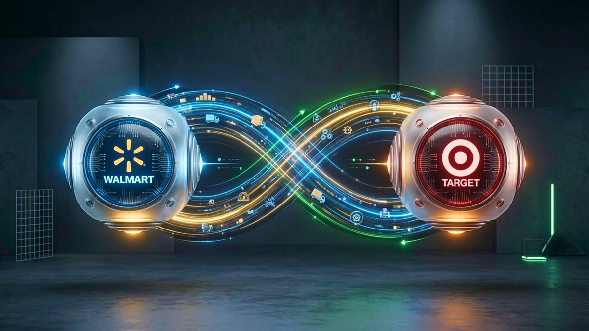 Walmart and Target logos linked by digital supply-chain graphics.