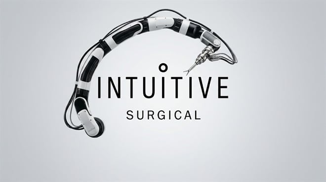 Intuitive Surgical logo alongside a robotic surgical arm instrument on a gray background.