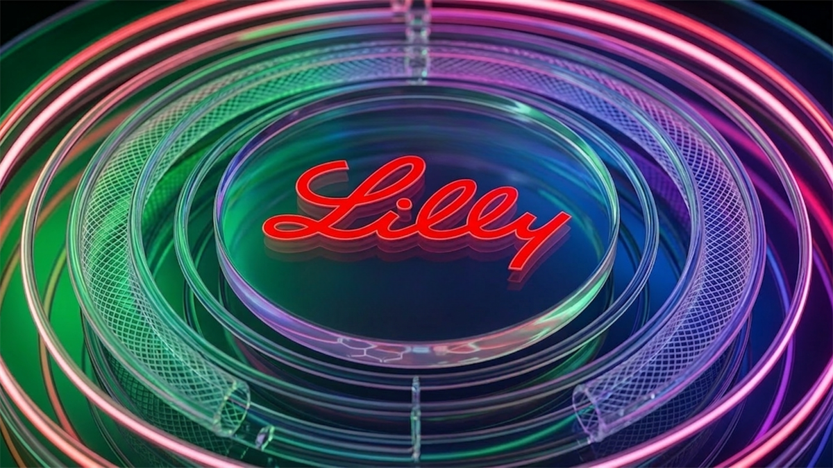 Lilly logo on lab-style graphic with neon rings.