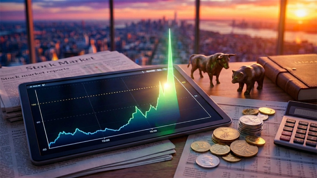 Tablet stock chart spikes beside bull and bear figures and coins, signaling earnings-driven market rally sentiment.
