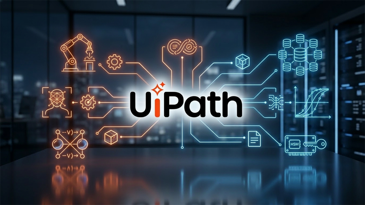 UiPath logo with automation and data icons in a tech workspace.