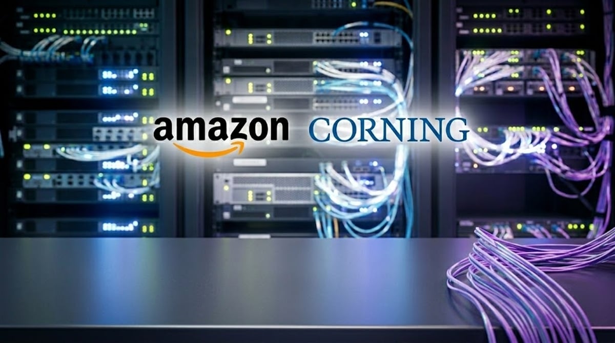 Amazon and Corning logos overlaid on a data center background with server racks and fiber optic cables.