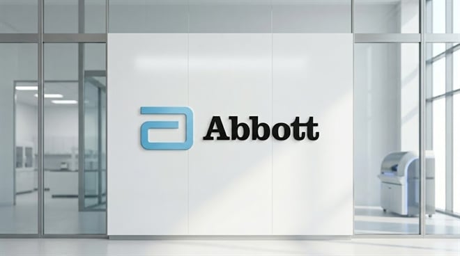 Abbott Laboratories logo displayed on a white wall inside a modern medical facility.