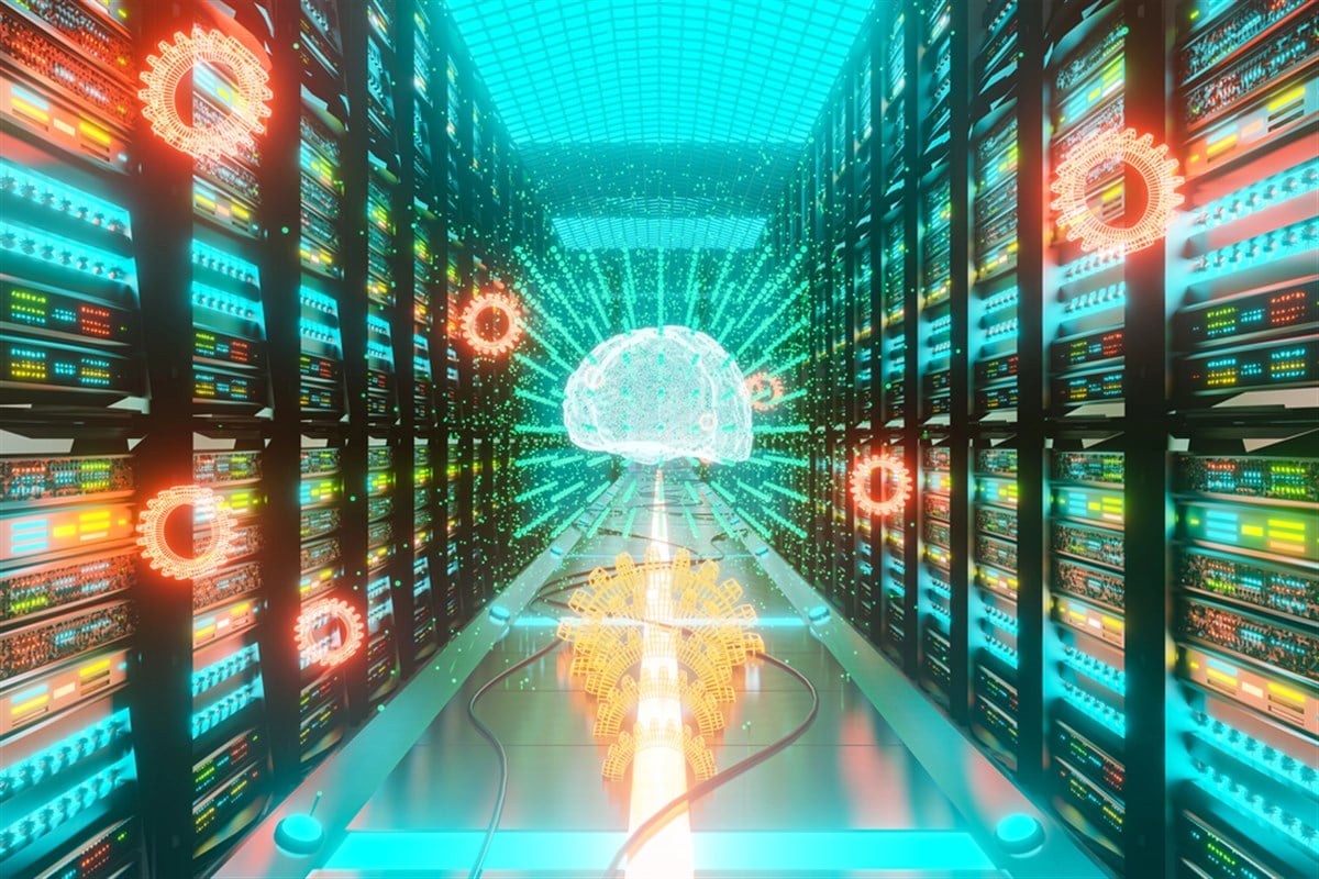 Big data an AI learning concept in server center - stock image