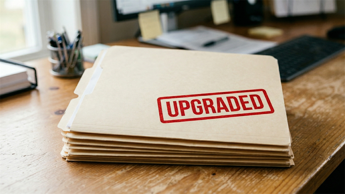Stack of office folders stamped “UPGRADED,” symbolizing rising analyst ratings for stocks like Micron in 2026.