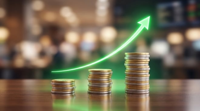 Three stacked coin columns of increasing height alongside a rising green arrow illustrate financial growth.