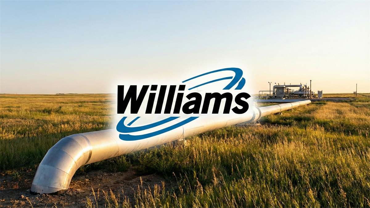 Williams Companies logo over a U.S. natural gas pipeline stretching through open grassland at sunset.