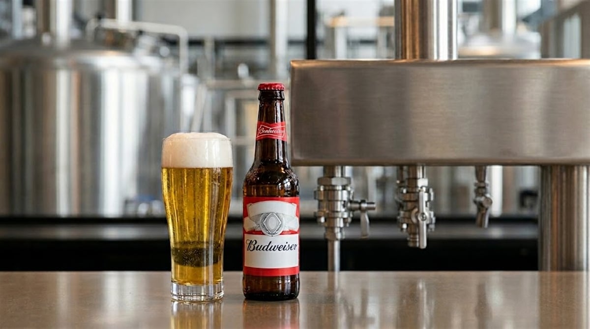 A Budweiser bottle and a poured glass of beer sit on a counter inside a brewery.