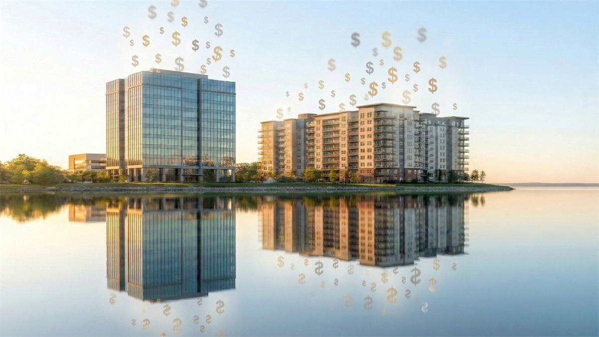 Waterfront office and residential buildings with dollar symbols, illustrating REIT recovery and real estate investment growth.