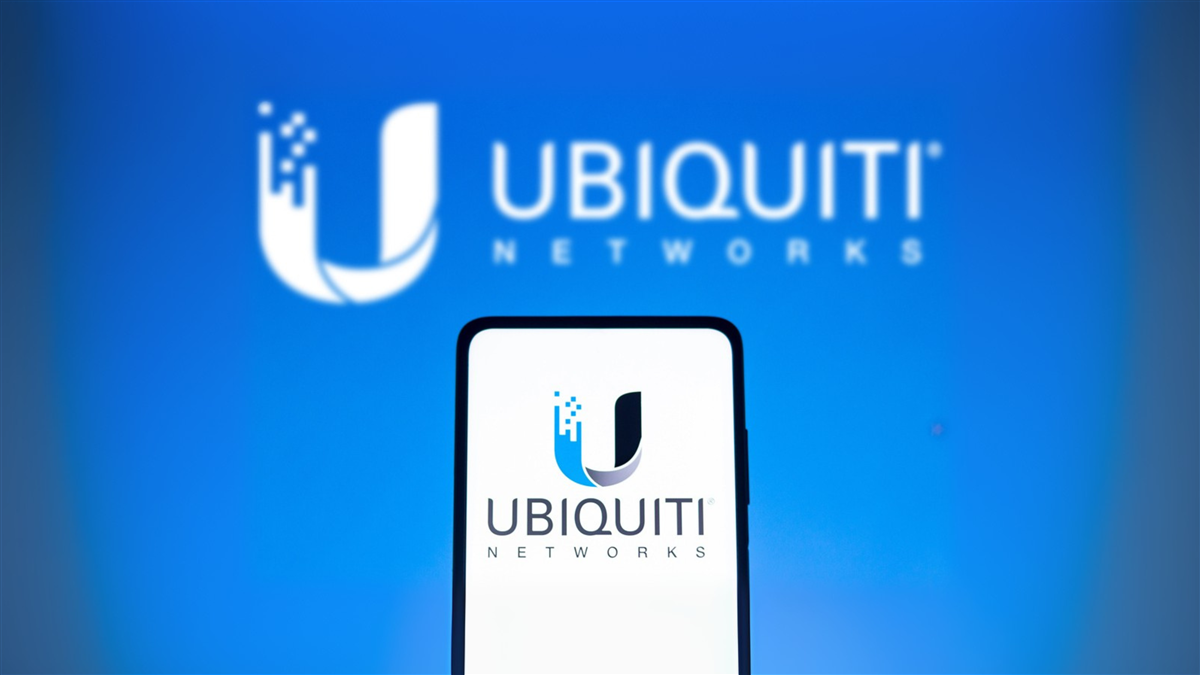 March 10, 2022, Brazil. In this photo illustration the Ubiquiti logo seen displayed on a smartphone and on the background