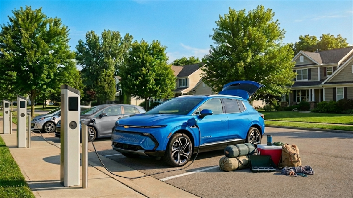 Electric SUV charging at a suburban station underscores EV adoption and expanding residential charging infrastructure.
