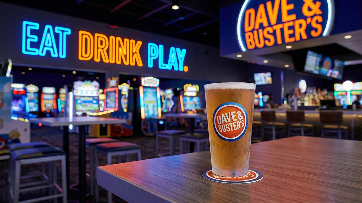 Interior of a Dave & Buster’s arcade restaurant with neon signage and drinks, highlighting arcade dining industry growth.