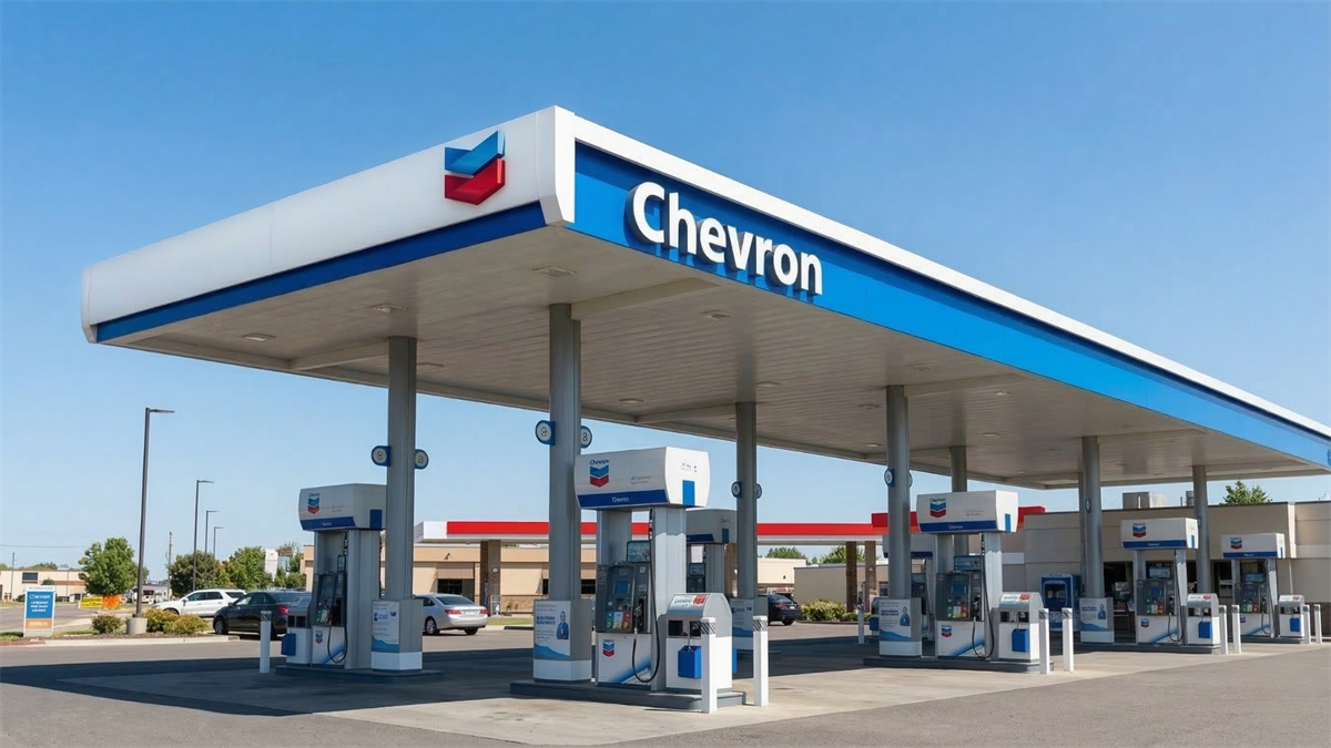 Chevron gas station with branded canopy and fuel pumps under clear blue sky, representing the oil and gas industry and Chevron company operations.