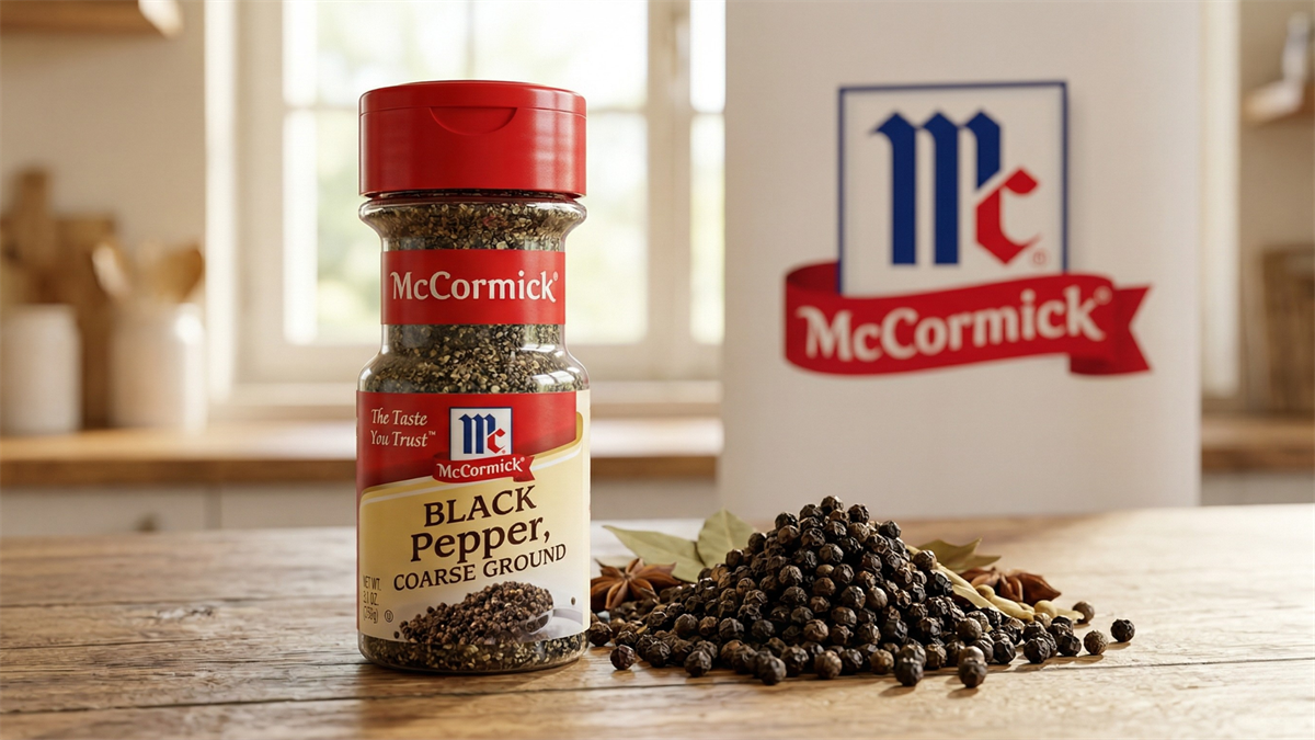 McCormick black pepper bottle with logo beside whole peppercorns, representing spice industry and brand strength.
