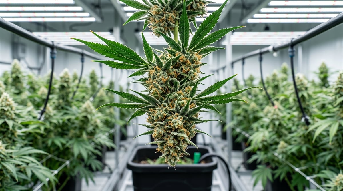 Cannabis plants in flowering stage growing under artificial lights in an indoor cultivation facility.
