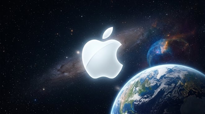 A glowing white Apple logo floating in outer space above Earth against a starry, galaxy background.