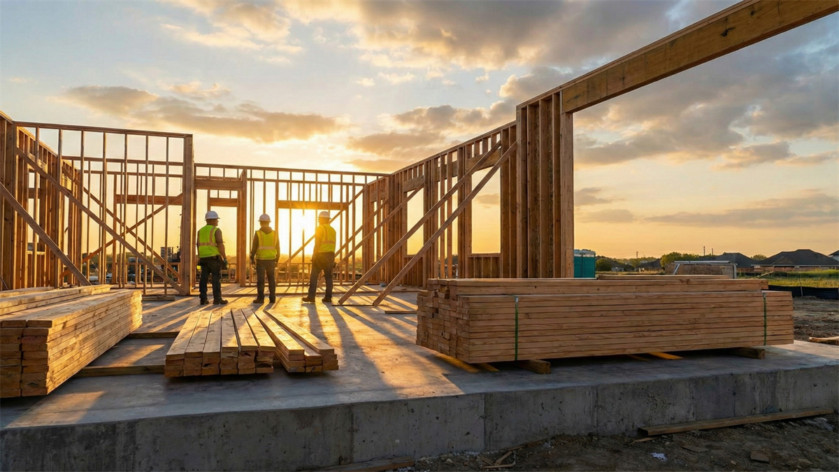 Construction workers in safety vests stand inside a wood-framed building at sunset, with stacks of lumber on a concrete slab.