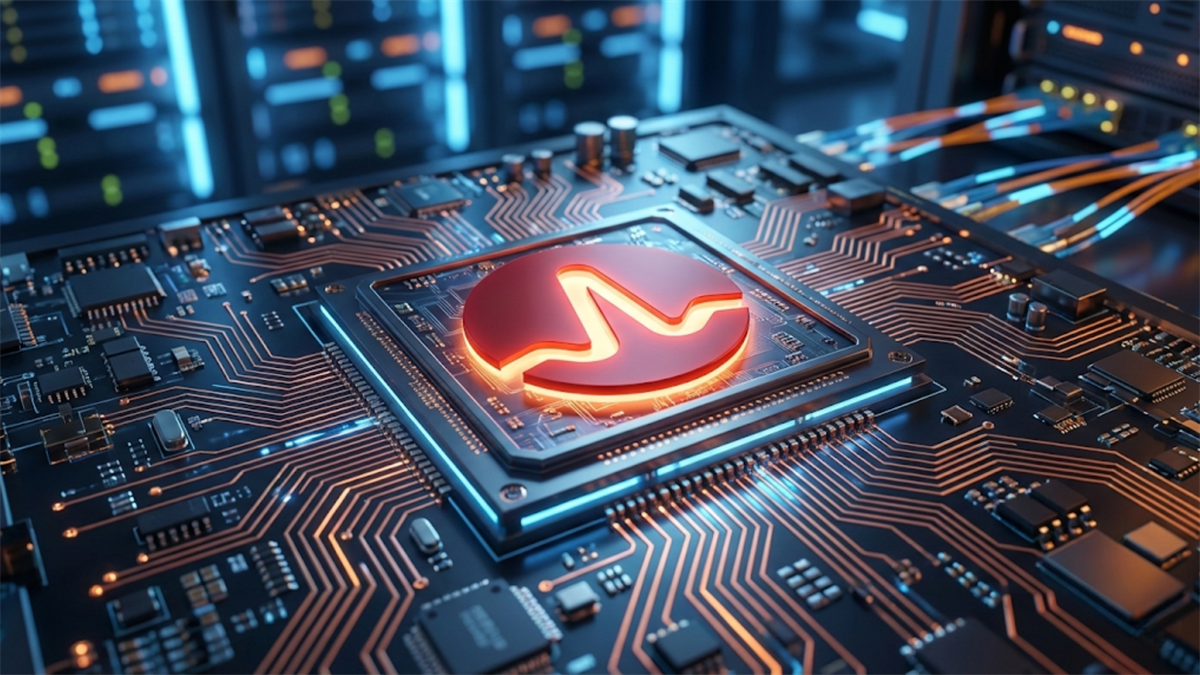 Close-up of a glowing Broadcom-style semiconductor chip mounted on a circuit board inside a modern data center, symbolizing the AI chip industry.