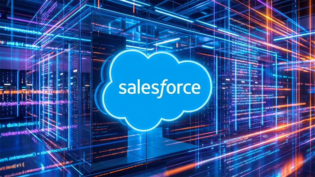 Salesforce cloud logo over a data-center backdrop, highlighting enterprise software and cloud-computing growth.