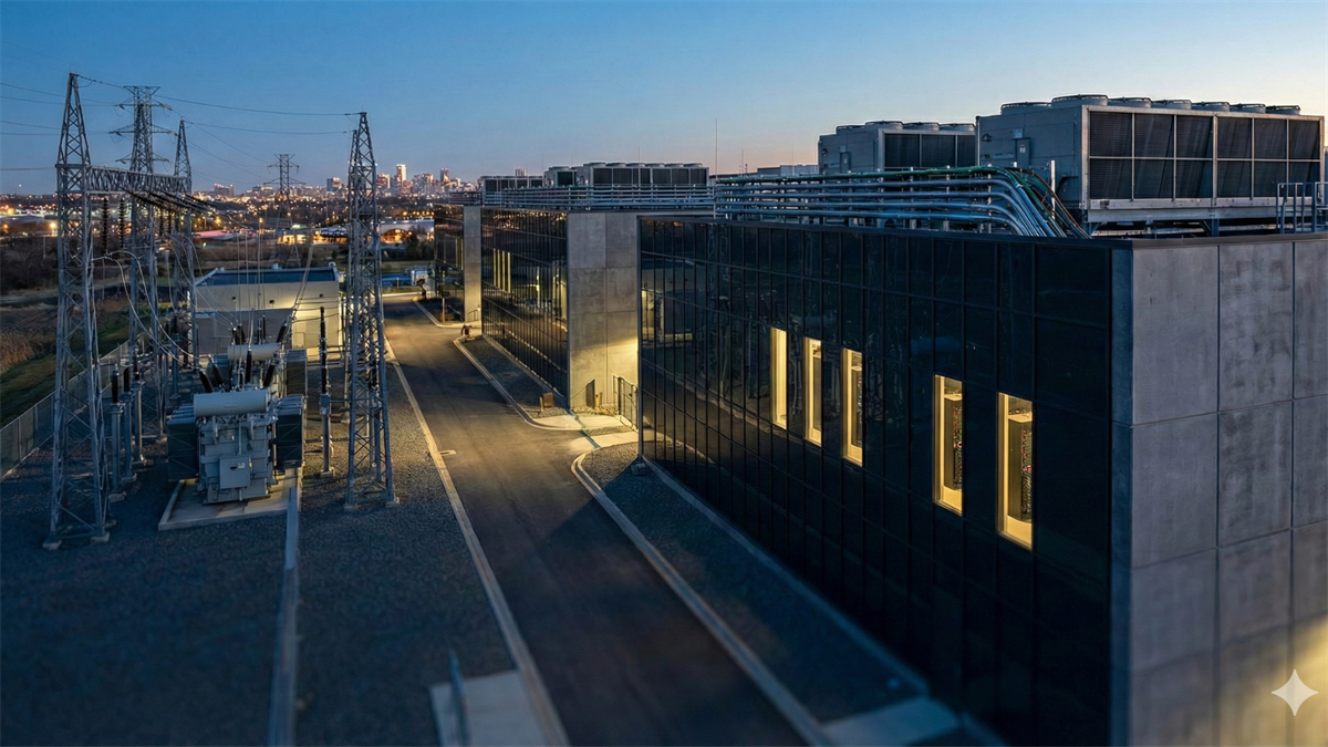 Dusk view of a data center beside an electrical substation, highlighting utilities powering AI server growth.
