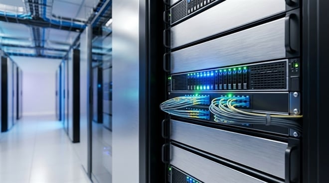 A close-up of a modern server rack with glowing blue lights and neatly organized fiber optic cables in a brightly lit data center.