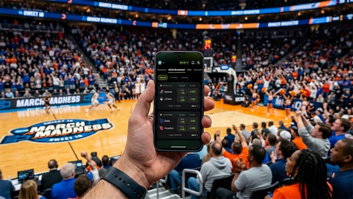Fan holds smartphone showing prediction markets during March Madness game.