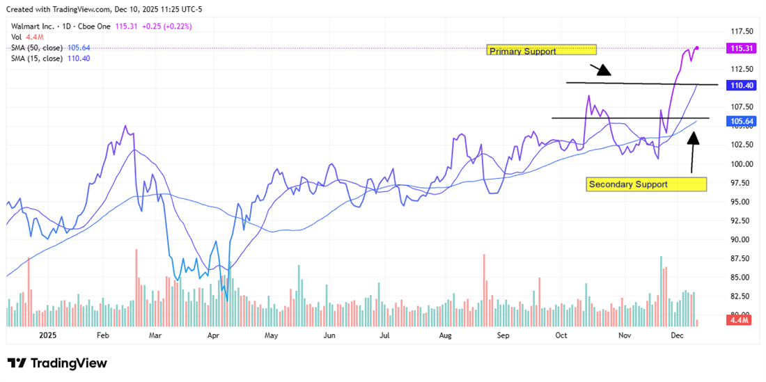 Walmart surges to new highs, holding above primary support with secondary support lower on the chart.