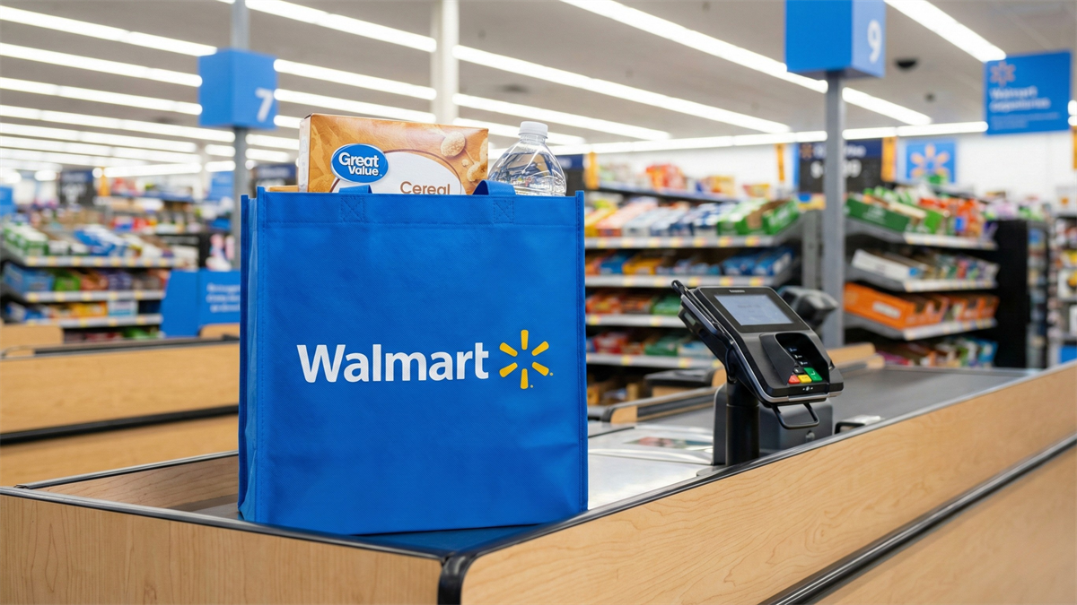 A Walmart checkout lane with a blue reusable Walmart bag filled with groceries, sitting beside the payment terminal.
