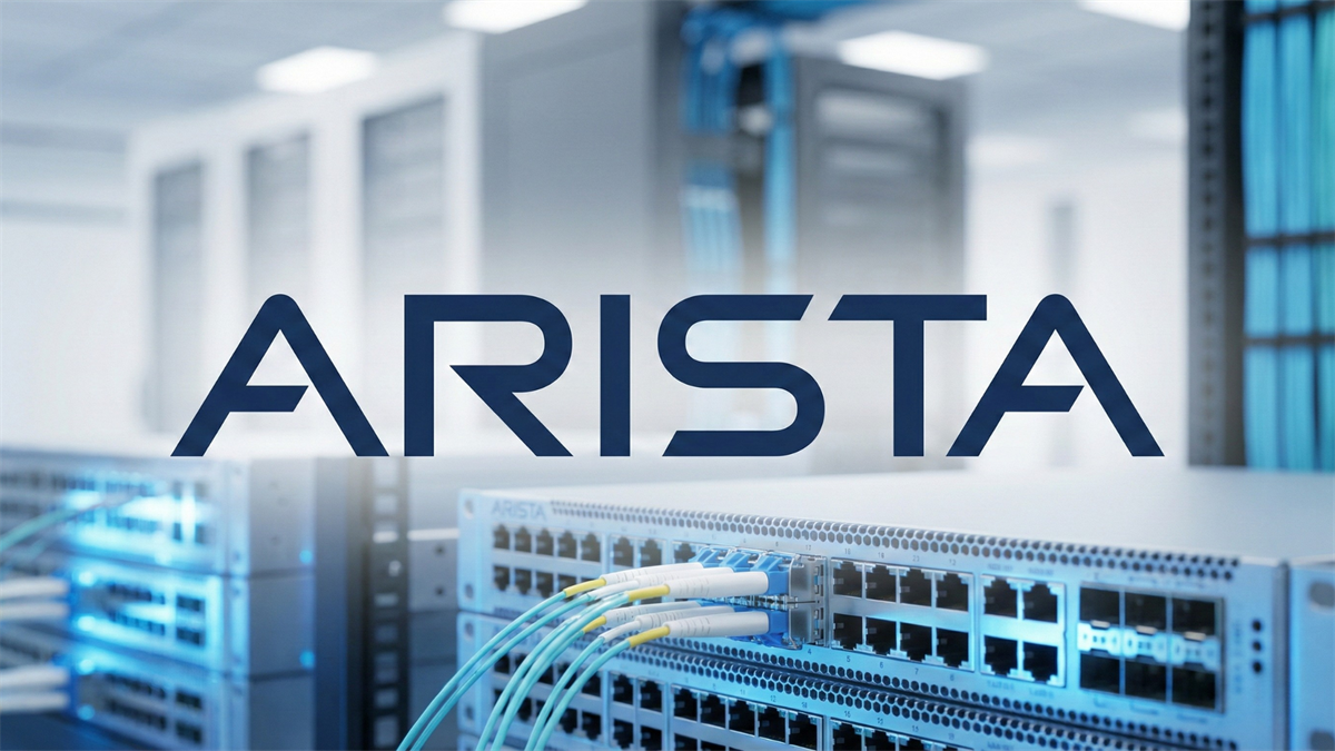 Arista Networks logo over data-center Ethernet switch with fiber cables, highlighting AI network upgrades.